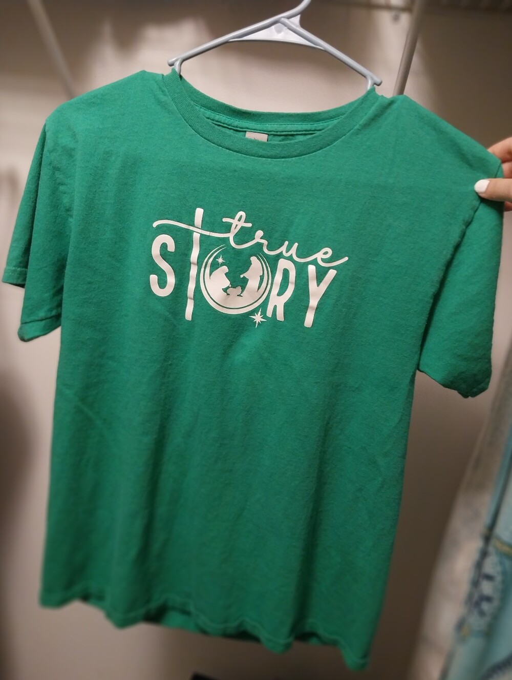 Gildan Green Tee with White 'True Story' Nativity Scene Christmas Shirt #Jesus